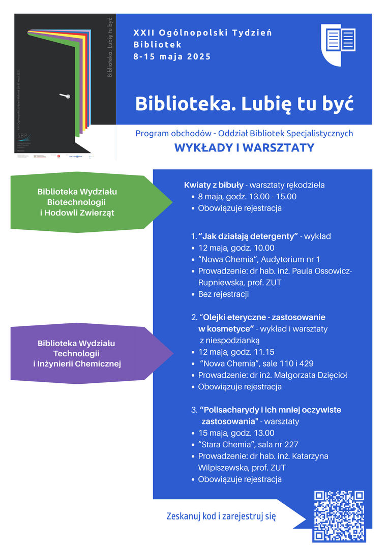 Plakat obchodów Tygodnia Bibliotek w Oddziale Bibliotek specjalistycznych - wykłady i warsztaty