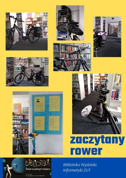 Na plakacie przedstawiono kilka ujęć z rowerem na tle regałów z książkami.