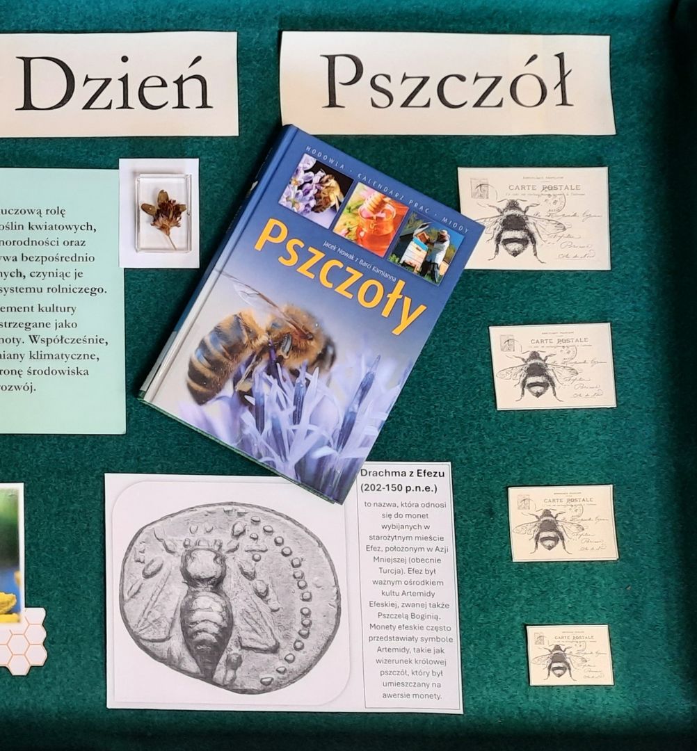 Informacje o pszczołach i starożytnej monecie z wybitą pszczołą