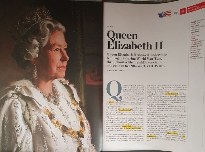 Zdjęcie Królowej Elżbiety II i artykuł w czasopismie