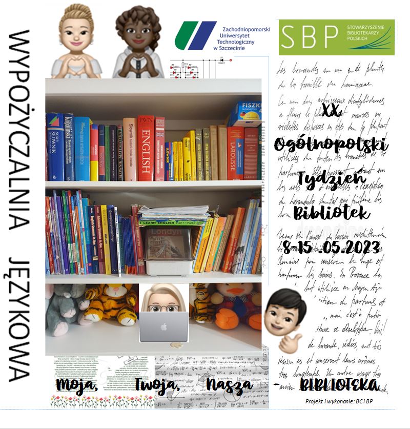 Autorski plakat - przedstawia biblioteczkę z książkami w towarzystwie uśmiechniętych postaci